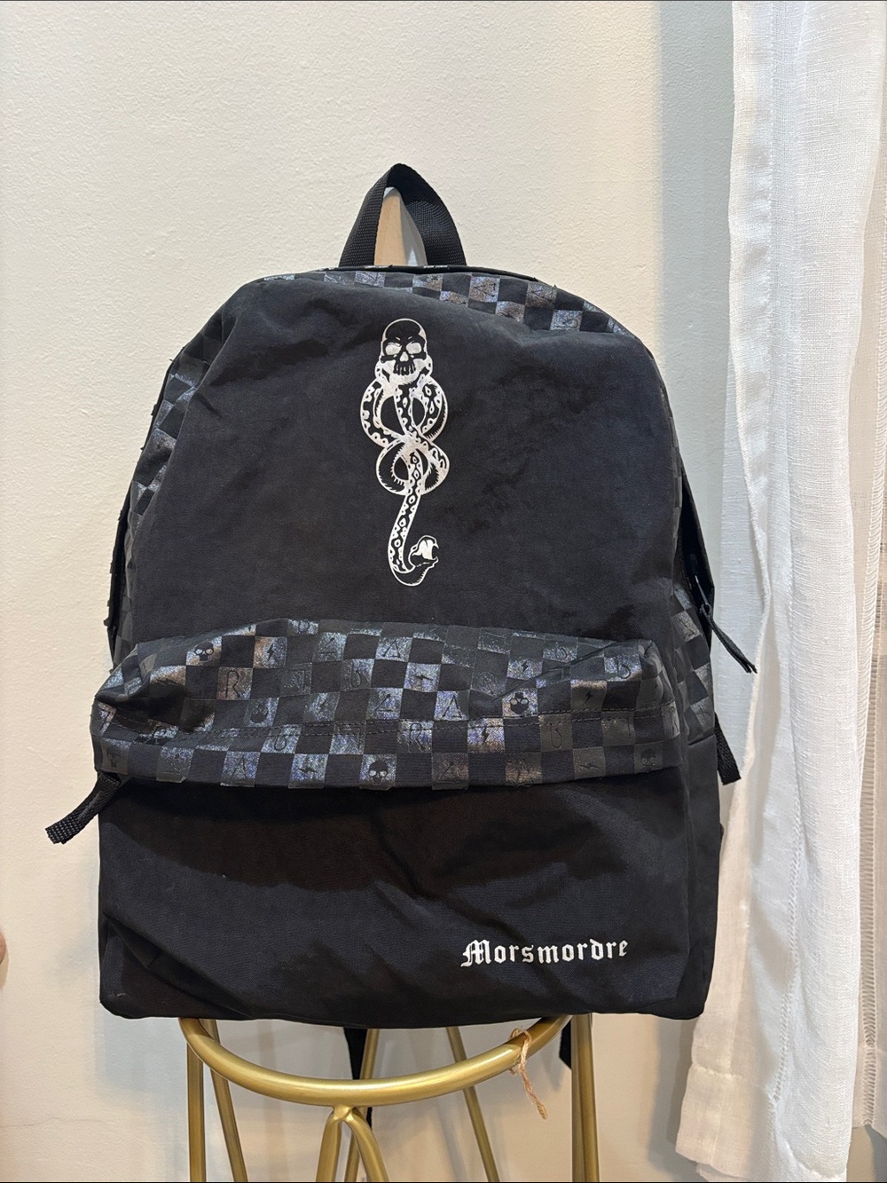 Vans Black Backpack with White Snake Crest and Checker Trim